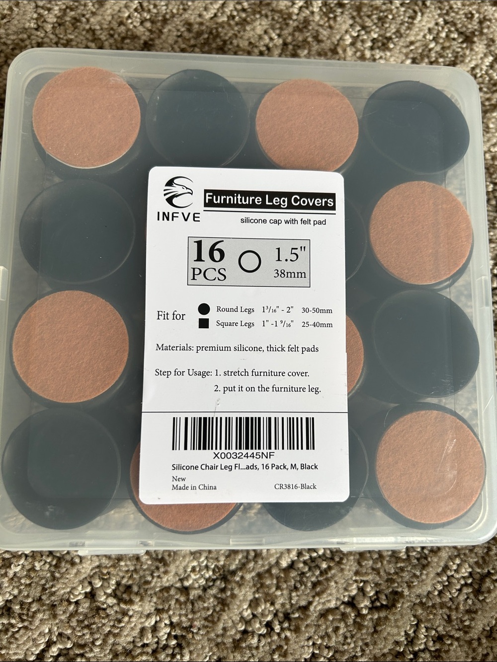 Black Silicone Furniture Leg Covers with Brown Felt Pads